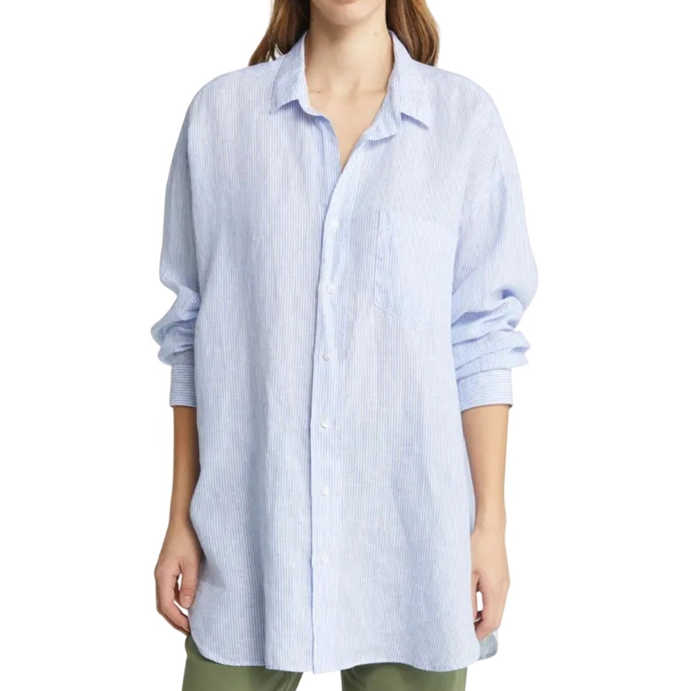 Frank & Eileen Mackenzie Oversized Linen Shirt Blue Stripe OS Woven in Italy - Picture 13 of 13